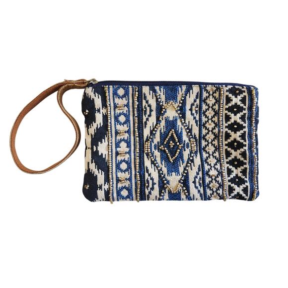 Macchia Di Ruggine Wristlet Purse Bag Beaded Blue Aztec Print Leather Strap - Picture 1 of 10